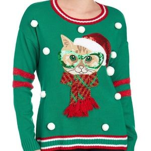 Christmas cat sweater green red trim